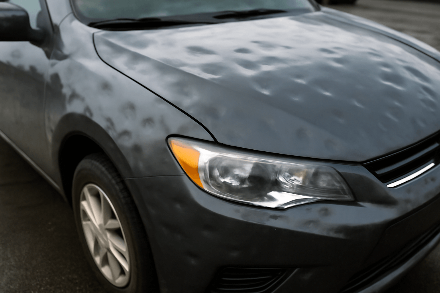 A close-up image of a dark gray car showing severe hail damage with noticeable dents across the hood and fender.