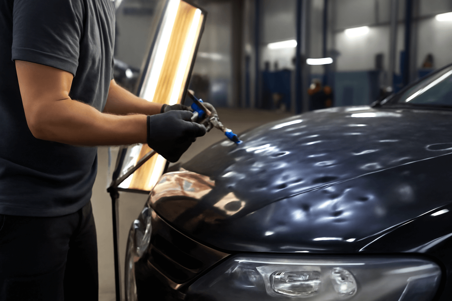 A technician in a dark gray t-shirt and black gloves is seen working on the hail-damaged hood of a black car inside a well-lit garage.